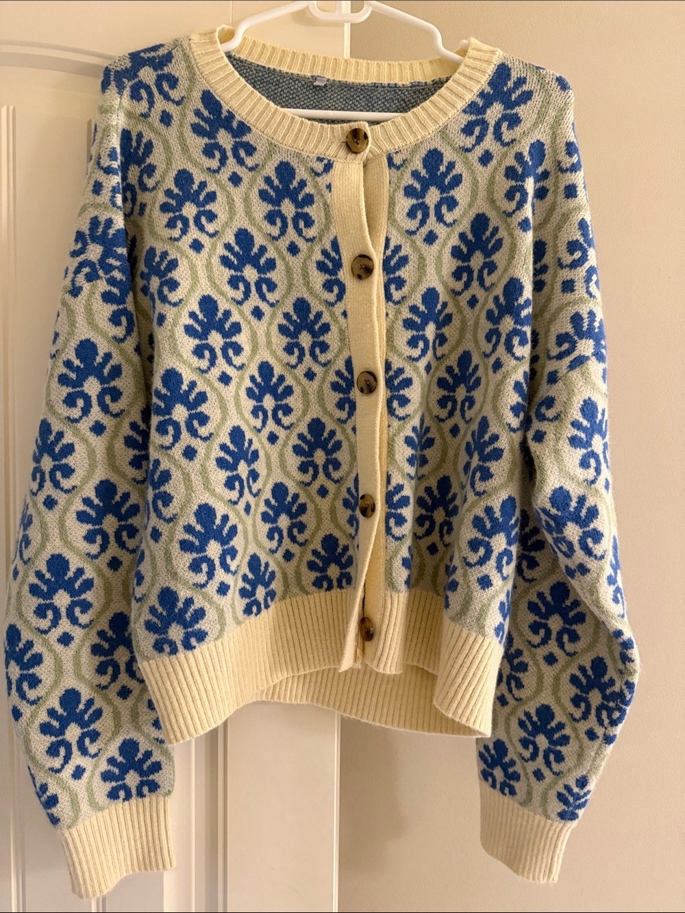 Anthropologie Style Cream & Blue Floral Knit Cardigan Sweater